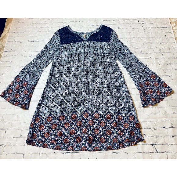 Red Camel Women's Medium Navy Red Floral Bell Sleeved Dress Boho Festival - Picture 5 of 10